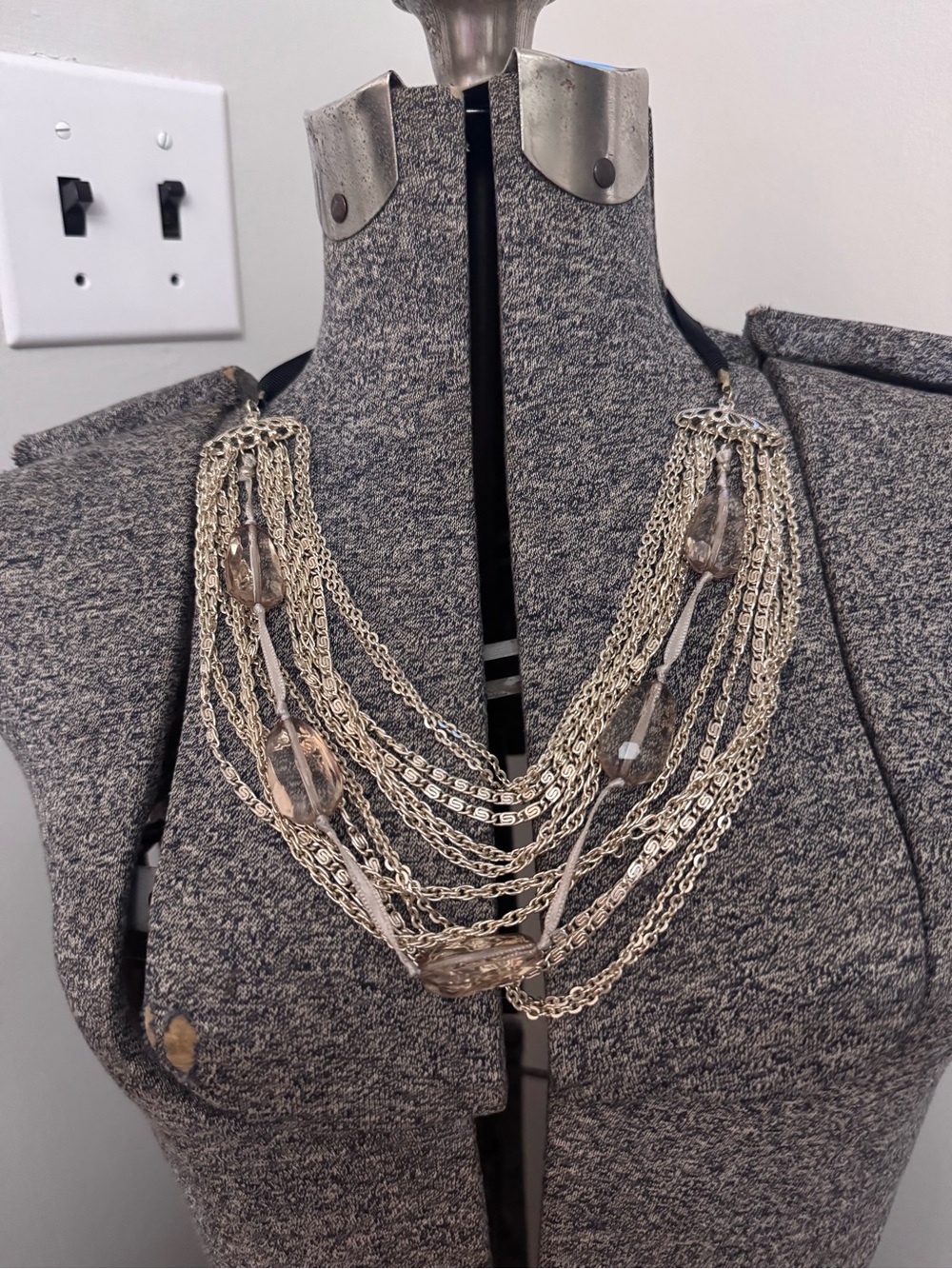 Women’s Silver tone Multi-strand Chain Necklace with Crystal & Ribbon Detail